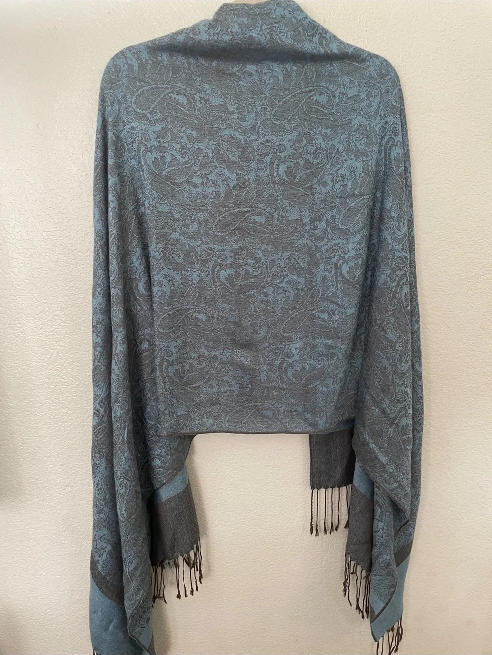 pashmina Blue-Gray elegant Paisley Shawl Wrap with Fringe